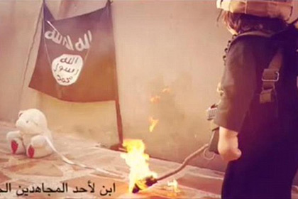 Ребенок сжег плюшевого мишку на фоне флага «Исламского государства»